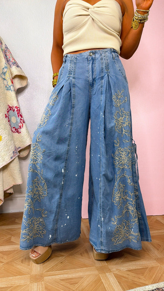 Premium Embroidered Wide Leg Pants