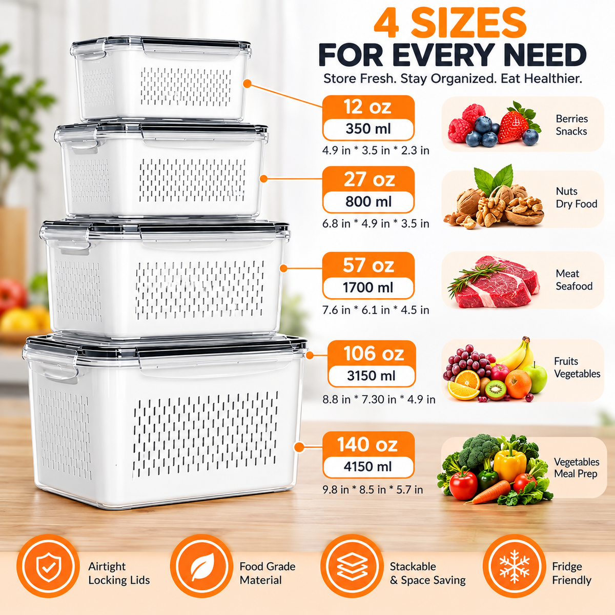 Fresh Produce Storage Containers – Airtight Fruit & Veggie Keeper
