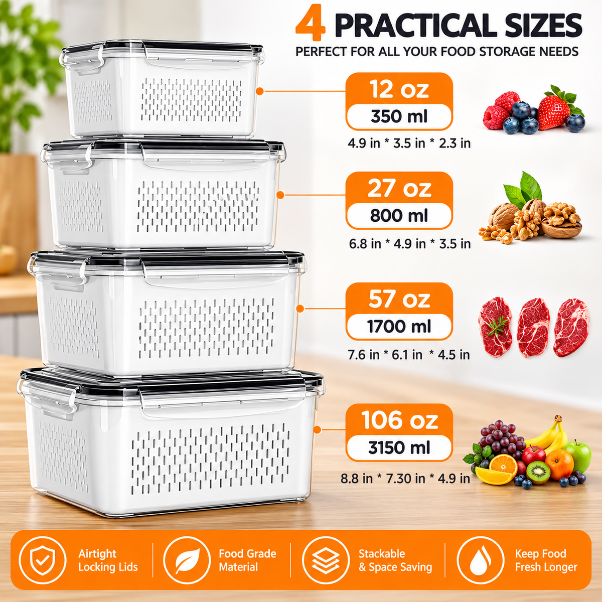 Fresh Produce Storage Containers – Airtight Fruit & Veggie Keeper